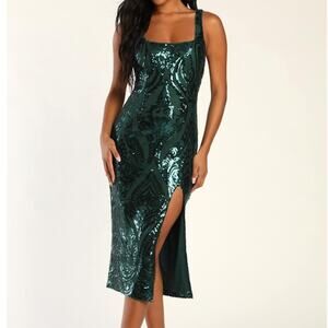 Lulus Starlet Potential Emerald Green Glittery Sequin Bodycon Midi Dress XL